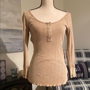 Beige Ribbed Long Sleeve Top with Button Detail